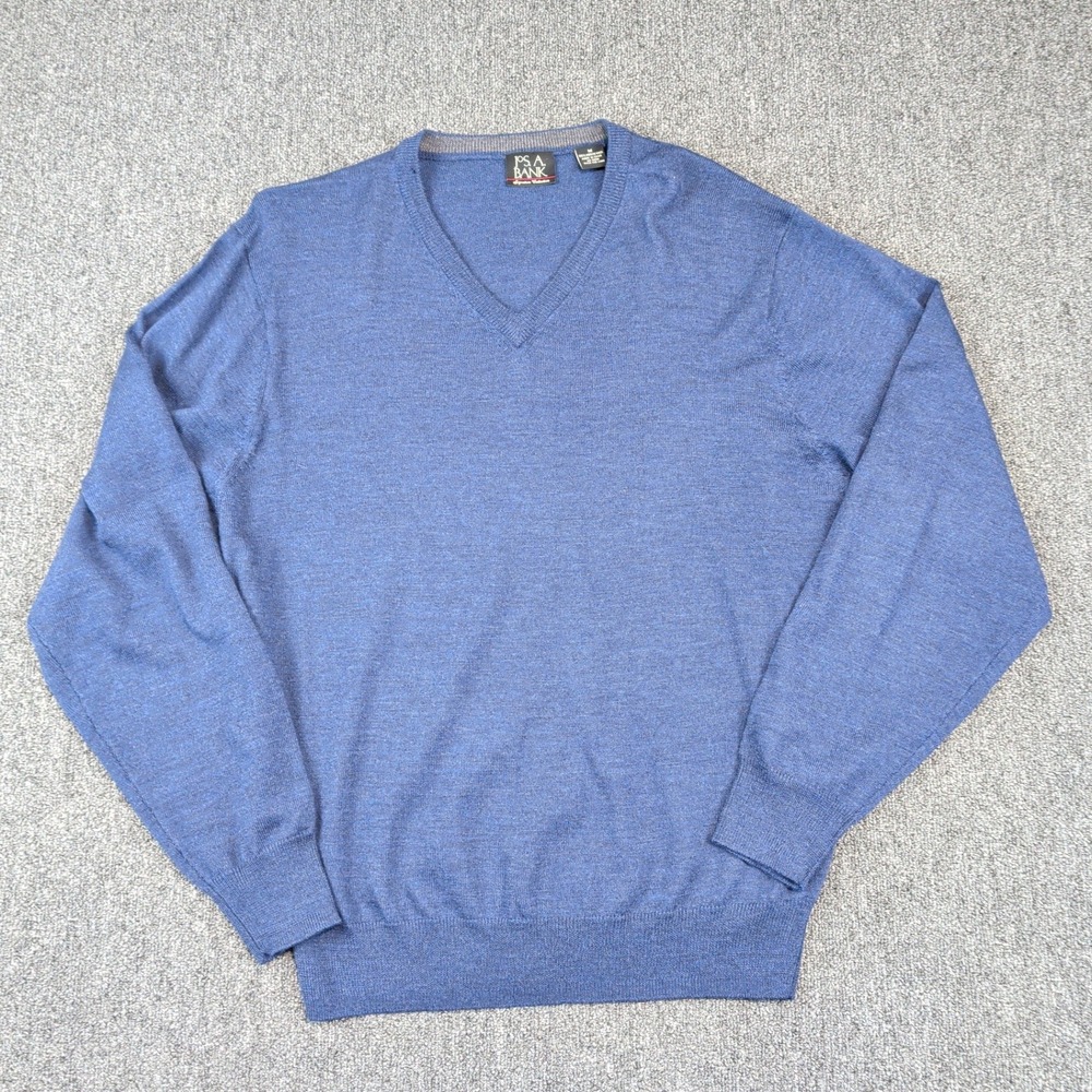 Jos A Bank Classic V-Neck Sweater Medium Blue 100% Merino Wool‎ Preppy Old Money